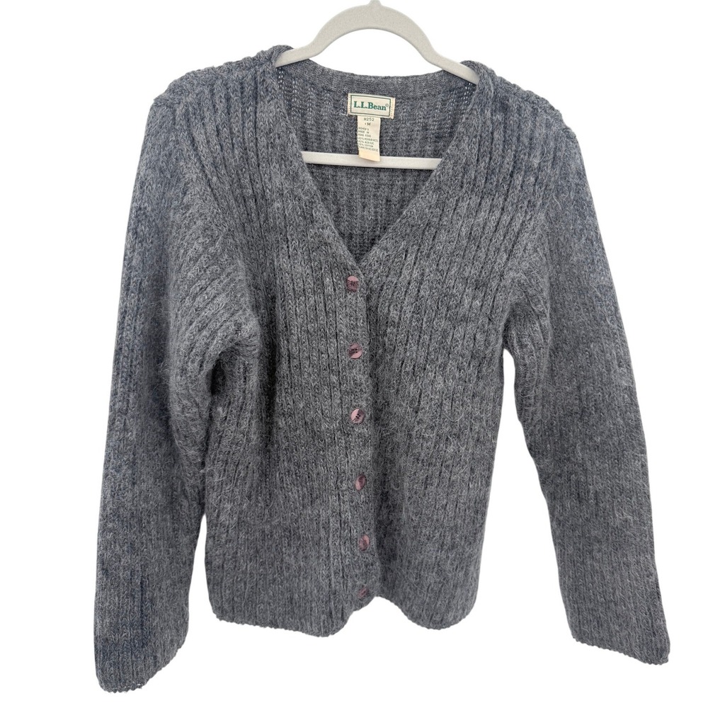 Vintage LL Bean Mohair Wool Blend Cardigan Sweater Gray Ribbed V-Neck H252 M